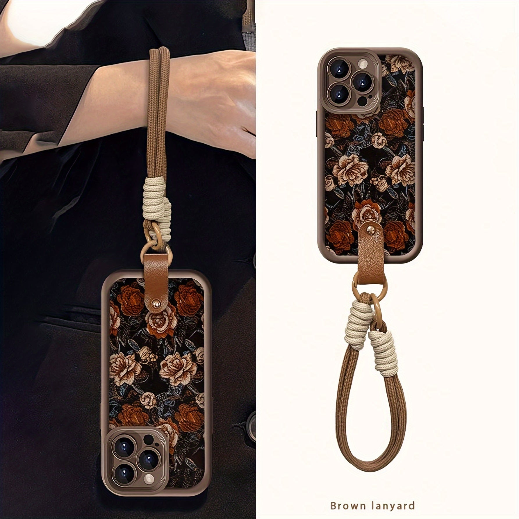 Vintage Flower with Hand Strap Brown Shockproof Frosted Full Cover Anti-Fall Mobile Phone Case Suitable for Apple 16PROMAX/16PLUS/16PRO/16/15PROMAX/15PLUS/15PRO/15/14PROMAX/14PLUS/14PRO/14/13PROMAX/13PRO/13/12PROMAX/12PRO/12